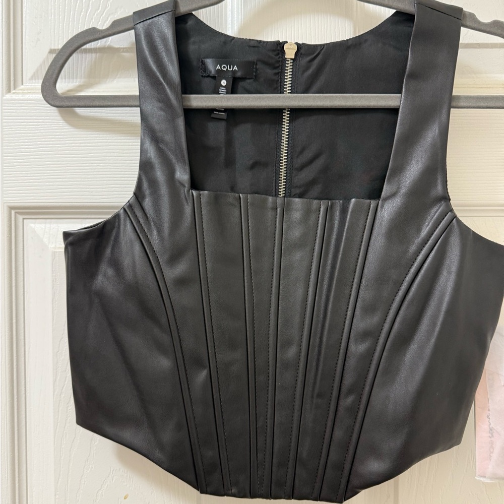 Aqua Black Faux Leather Corset Top